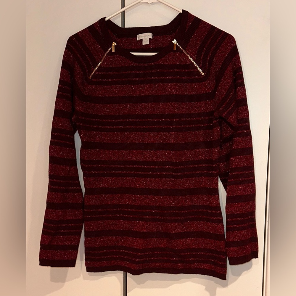 New York & Company Long Sleeve Striped Zip Accent Sweater. Size XL